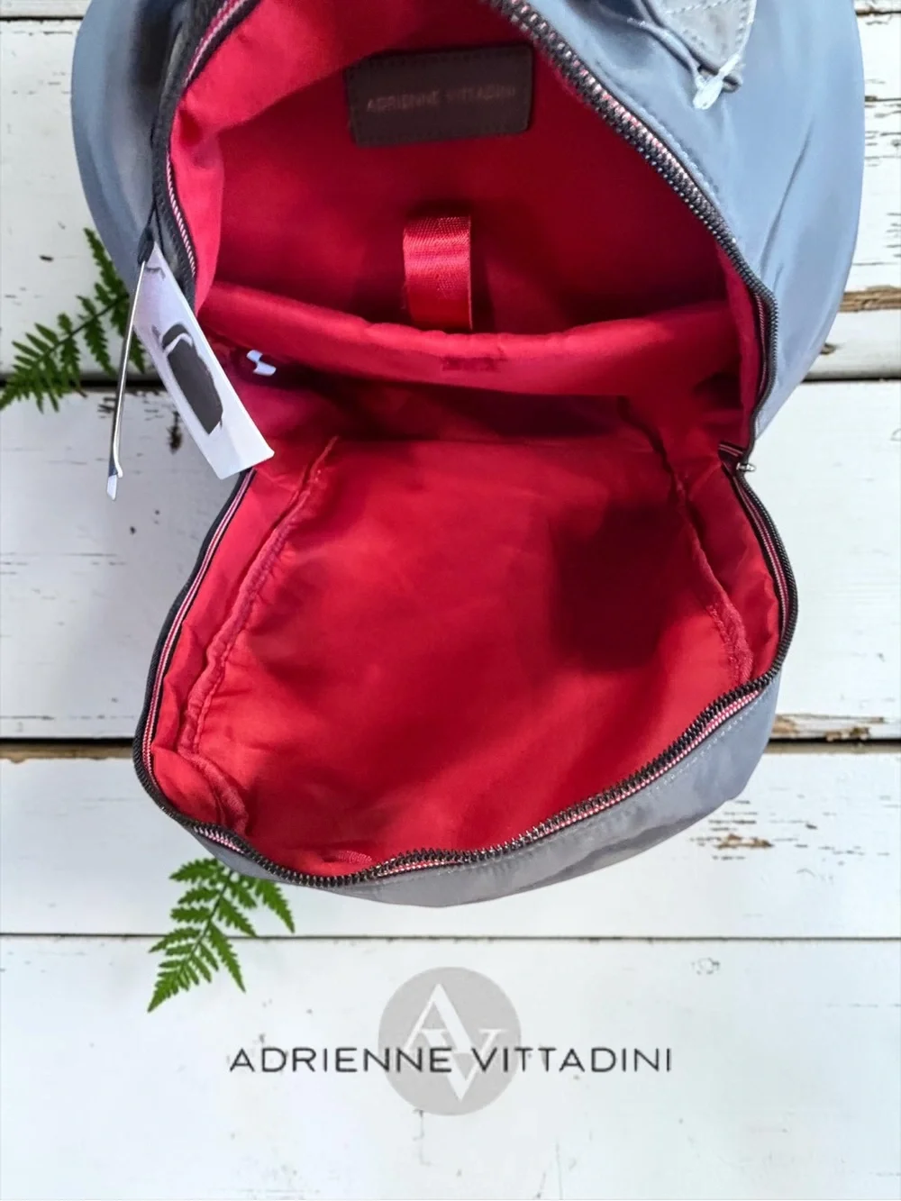 NWT Adrienne Vittadini Grey Nylon Logo Backpack - Red/White Zip Accents